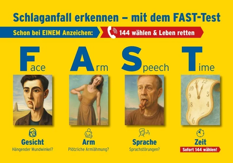 Ein gelbes Poster mit dem FAST-Test zur Erkennung von Schlaganfällen, mit den Symptomen Gesicht, Arm, Sprache und Zeit abgebildet, zusammen mit einer Notrufnummer.