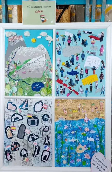 Eine Collage verschiedener Szenen: Berge mit Schnee, ein Fluss, ein Strand, eine Stadt und eine Gruppe von Menschen mit Regenschirmen und einem Auto.