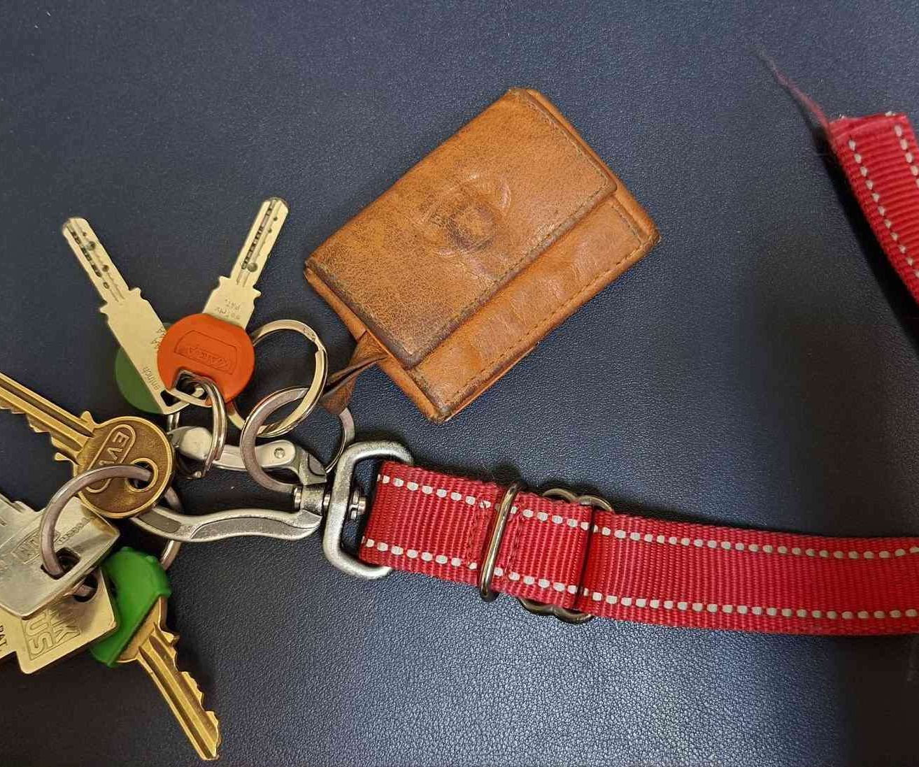 Ein brauner Geldbeutel mit mehreren Schlüsseln an einem roten Riemen liegt auf einer blauen Oberfläche. Die Schlüssel haben verschiedene Farben und Designs.