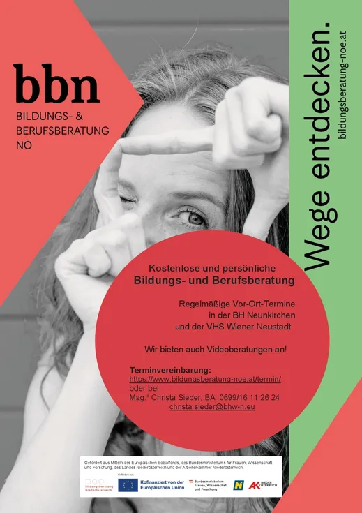 Ein Schwarz-Weiß-Bild zeigt eine Frau mit den Händen vor den Augen. Es steht 'Wege entdecke', 'Bildungs- und Berufsberatung' und 'Kostenlose und persönliche'. Der Text ist in Rot und Weiß. Es gibt einen Link und Kontaktinformationen auf dem Bild.