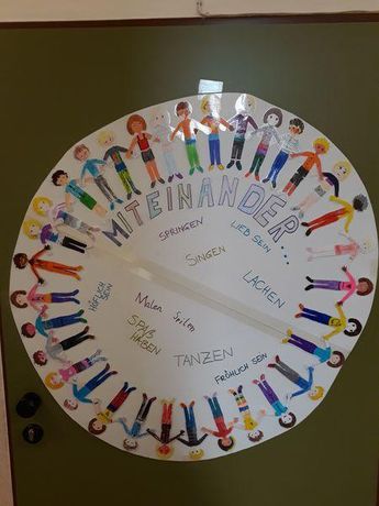 Ein rundes Kunstwerk mit vielen Kindern, die Händchen halten. Es hat verschiedene Phrasen darum herum geschrieben, einschließlich 'Gemeinsam sind wir stark,' 'Lass Liebe sein,' 'Singen,' 'Lachen,' 'Spielen,' 'Laufen,' 'Springen' und 'Froh sein.'