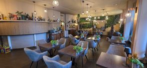 Ein gemütliches Restaurant mit Holztischen und Stühlen, geschmückt mit Topfpflanzen. Die Decke hat hängende Lampen und eine Wandmalerei. Es gibt eine Holztheke mit einem Monitor und Regale mit Flaschen.