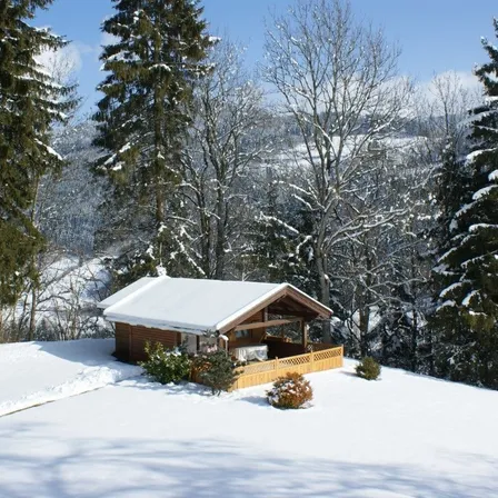 Eine kleine Hütte mit schneebedecktem Dach steht im Winter auf einem verschneiten Hügel, umgeben von Kiefern.