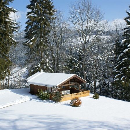 Eine kleine Hütte mit schneebedecktem Dach steht im Winter auf einem verschneiten Hügel, umgeben von Kiefern.