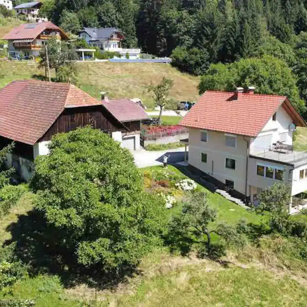 Luftaufnahme eines Wohngebiets mit mehreren Häusern, umgeben von Bäumen und Grünflächen, und einem Berg im Hintergrund.