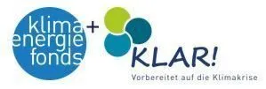 Logo mit 'klima+energie fonds' und 'KLAR!' in blauen und grünen Kreisen. Der Text lautet 'Vorbereitet auf die Klimakrise'.