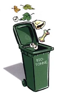Illustration eines grünen Recyclingbehälters mit offenem Deckel, gefüllt mit organischen Abfaellen wie Blaettern, Eiern und einem Apfelkern. Die Worte 'Bio-Tonner' sind sichtbar an der Seite.