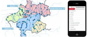 Eine Karte von Bayern mit verschiedenen farbigen Punkten und einem App-Bildschirm mit einer Liste von Artikeln.