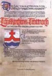 Ein offizielles Dokument mit einem Wappen und Siegel. Der Text ist in einer alten Sprache mit rotem und weißem Hintergrund.