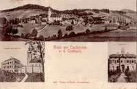 Postkarte von Trautnach mit Luftaufnahme, Kirche und Gebäuden im Jahr 1900.