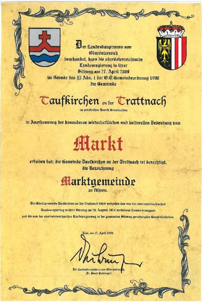 Zertifikat über den Traunbach, Anerkennung der wirtschaftlichen und kulturellen Bedeutung der Gemeinde Traunkirchen, datiert 27. April 2009. Unterschrift vorhanden.