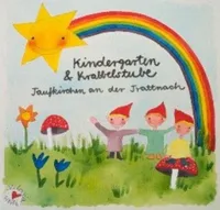 Illustration von vier Kindern unter einem Regenbogen, zwei von ihnen tragen Mützen. Ein gelber Stern und Blumen sind ebenfalls im Bild. Der Text lautet 'Kindergarten & Krabbelstube'.