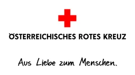 Das Logo des Österreichischen Roten Kreuzes. Das rote Kreuz befindet sich in der Mitte, mit den Worten 'Österreichisches Rotes Kreuz' darüber und 'Aus Liebe zum Menschen' darunter.
