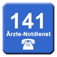 Ein blaues Quadrat mit einem weißen Telefonsymbol und der Nummer 141. Darunter steht Arzte-Notdienst, was auf einen Notarztdienst hinweist.