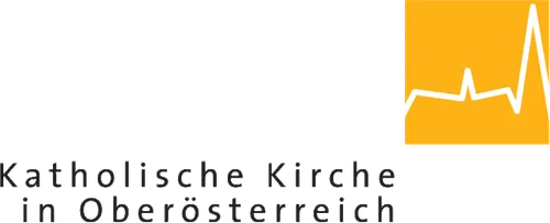 Schwarzer Hintergrund mit weißem Text: 'Katholische Kirche in Oberösterreich'. Gelber Rand mit einer weißen Liniengrafik.