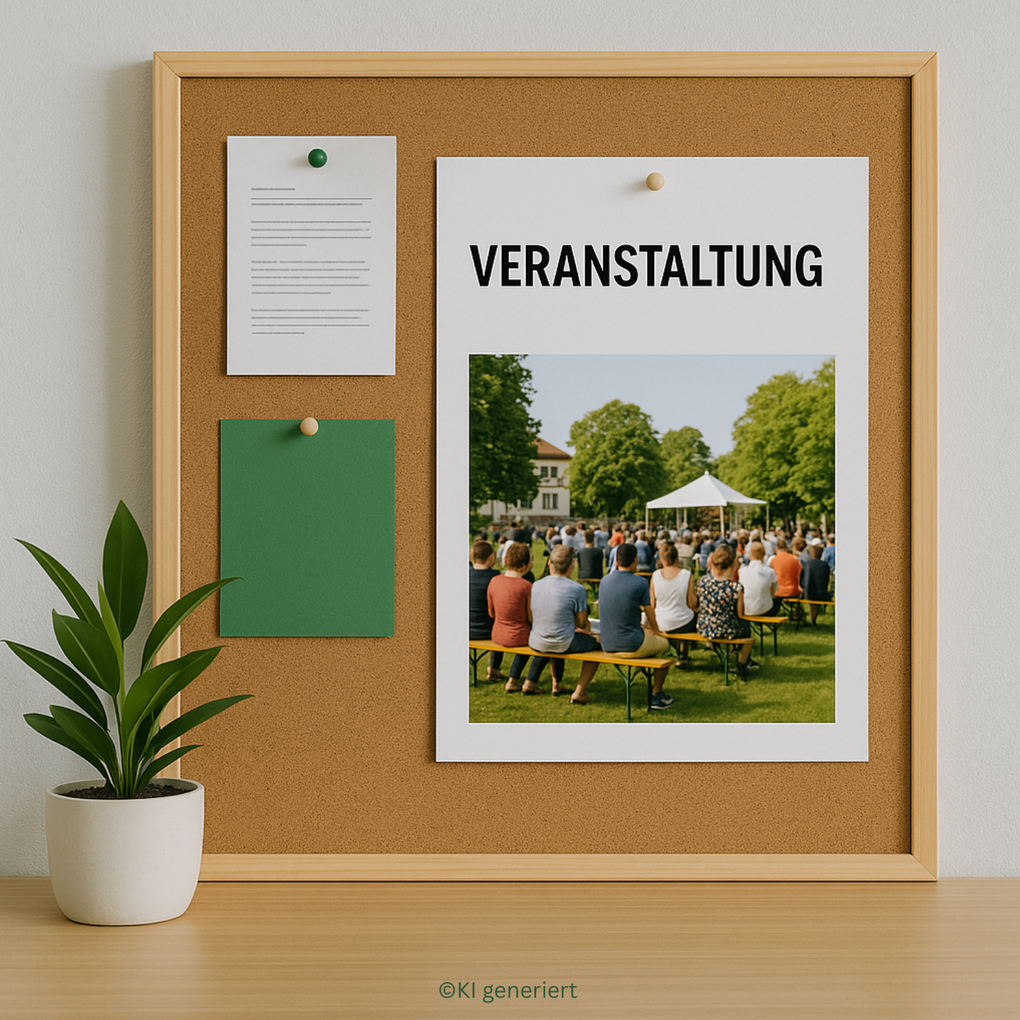  Abschnitt Bild: Ein Pinnwand mit einem Plakat mit der Aufschrift 'Veranstaltung' und einem Bild einer Gruppe, die auf Bänken in einem Park sitzt. Eine Topfpflanze befindet sich auf der linken Seite.