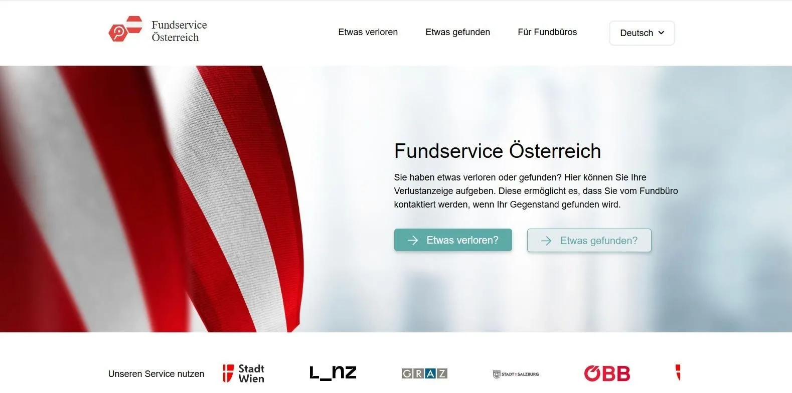 Eine Website für Fundservice Österreich, die einen Service für verlorene und gefundene Gegenstände anbietet. Die Website hat Optionen zum Melden verlorener oder gefundener Gegenstände, mit einer Flagge Österreichs auf der linken Seite.