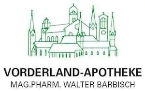 Ein Logo für Vorderland-Apotheke mit einer illustrierten Kirche mit Türmen und einem Wasserzeichen von Mag. Pharm. Walter Barbisch.