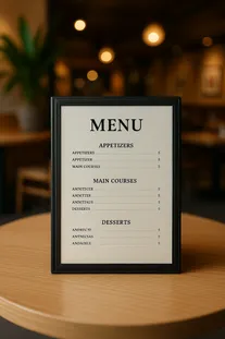 Eine gerahmte Speisekarte liegt auf einem Holztisch. Die Speisekarte hat Abschnitte für Vorspeisen, Hauptgerichte und Desserts, jeweils mit mehreren Optionen. Der Tisch befindet sich in einem schwach beleuchteten Raum.