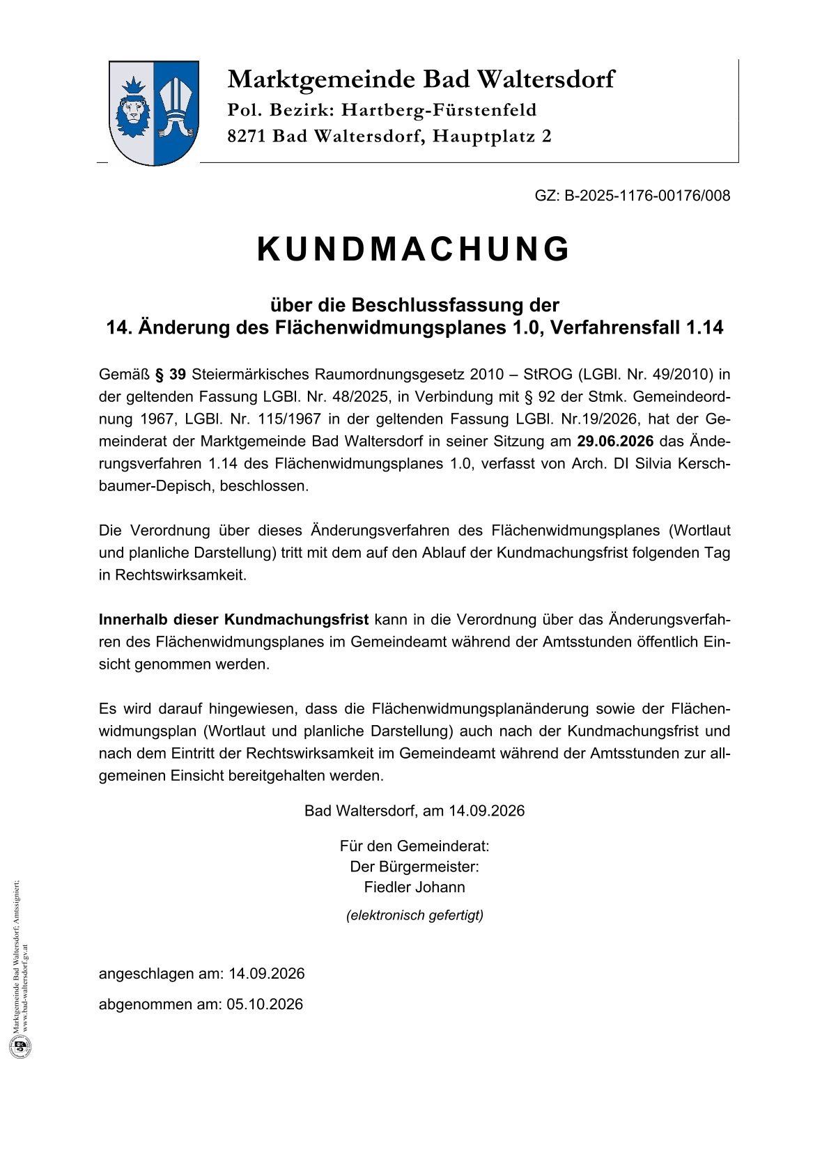 Ein Dokument mit dem Titel 'Kundmachung' über die Beschlussfassung der 14. Änderung des Flächenwidmungsplanes 1.0, Verfahrensfall 1.14. Es enthält Details zum Änderungsprozess, dem Datum der Entscheidung und den zuständigen Behörden.