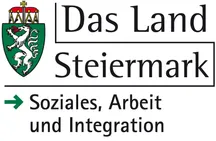 Das Logo des Landes Steiermark zeigt ein Wappen mit einem weißen Löwen auf einem grünen Schild. Darunter sind die Worte 'Soziales, Arbeit und Integration' zu sehen.