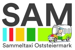 Das Logo von SAM Sammeltaxi Osterreichmark zeigt einen grünen und weißen Bus mit einer Person im Inneren. Unten befindet sich ein farbiges Balkendiagramm. Der Text SAM ist in großen schwarzen Buchstaben hervorgehoben.