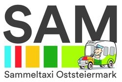 Das Logo von SAM Sammeltaxi Osterreichmark zeigt einen grünen und weißen Bus mit einer Person im Inneren. Unten befindet sich ein farbiges Balkendiagramm. Der Text SAM ist in großen schwarzen Buchstaben hervorgehoben.