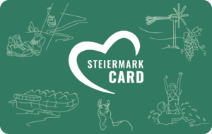 Ein grüner Hintergrund zeigt das 'Steiermark Card' Logo, eine Herzform mit weißem Umriss. Um das Herz herum befinden sich verschiedene Illustrationen, darunter ein Boot, eine Windmühle, Menschen, ein Kamel und eine Figur im Fluss.