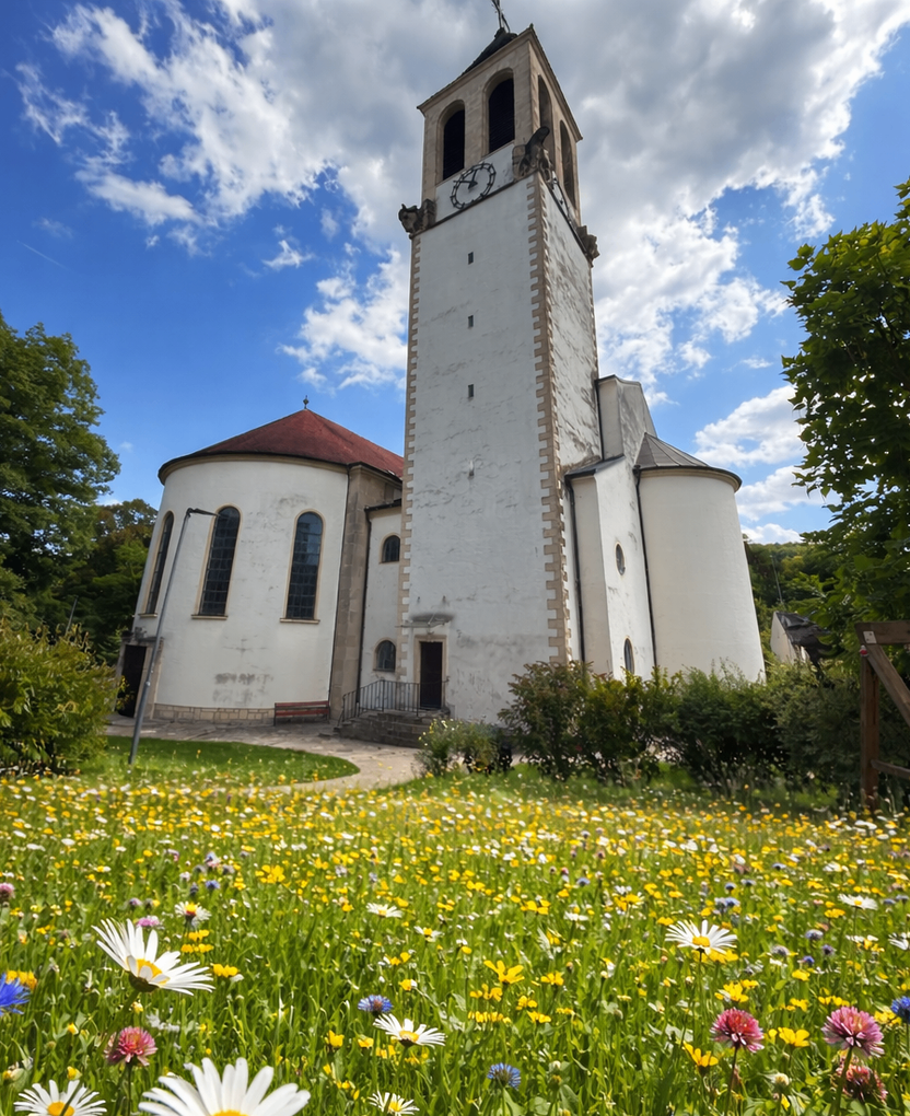  Abschnitt Bild: Eine weiße Kirche mit rotem Dach und hohem Turm steht in einem Feld voller Wildblumen unter einem teilweise bewölkten Himmel.