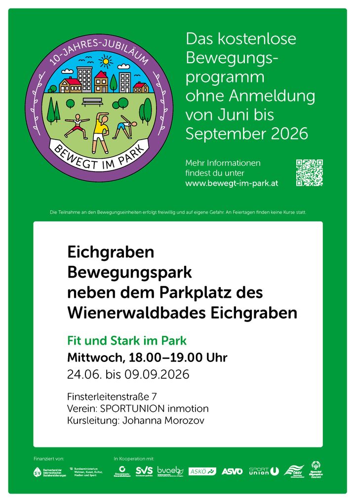  Abschnitt Bild: Ein Plakat für ein Park-Bewegungsprogramm in Eichgraben, Österreich. Es läuft von Juni bis September 2026 ohne Anmeldung. Aktivitäten finden neben dem Parkplatz des Wienerwaldbades Eichgraben statt. Mittwochs von 18:00 bis 19:00 Uhr. Organisiert von SPORTUNION inmotion.