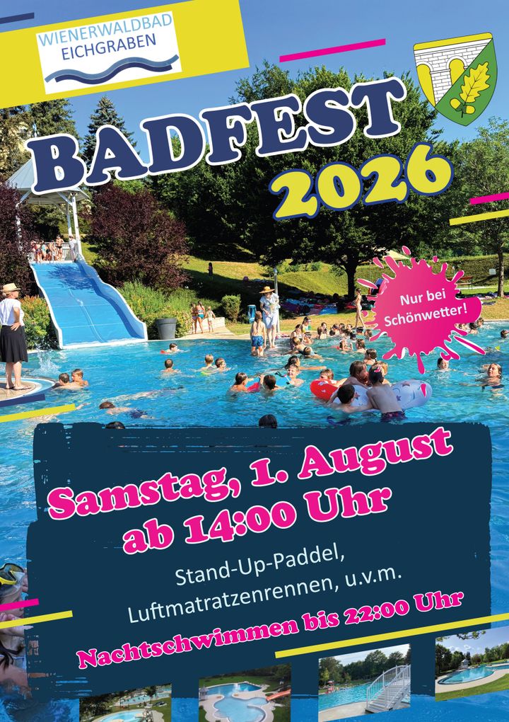  Abschnitt Bild: Plakat für das Badfest-Event 2026 mit einem Schwimmbecken, in dem Menschen schwimmen, und einer Wasserrutsche. Das Plakat enthält das Datum und die Uhrzeit der Veranstaltung, die am Samstag, 1. August, ab 14:00 Uhr stattfindet.
