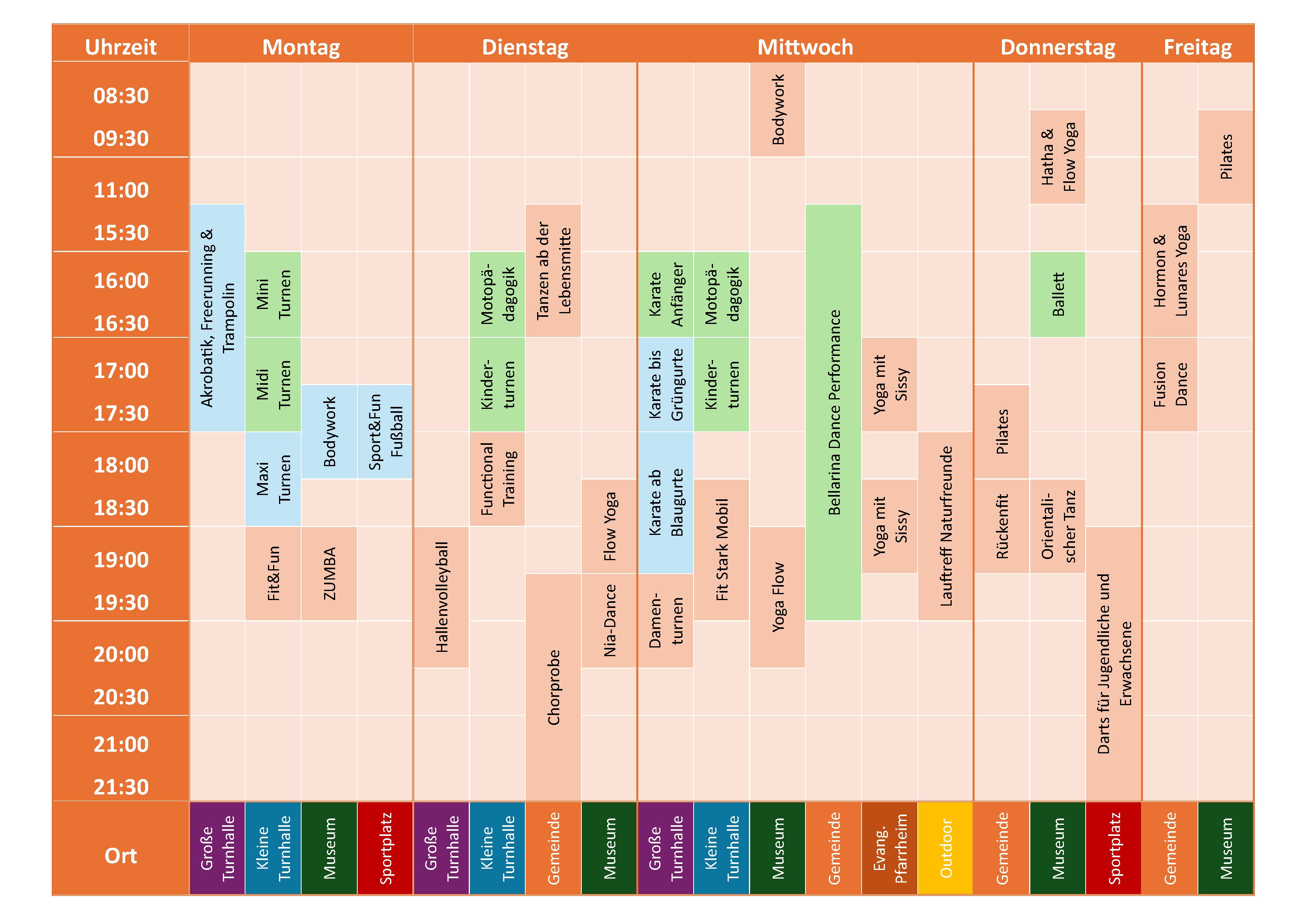 Ein Zeitplan für ein Fitnesscenter mit verschiedenen Kursen und Aktivitäten für jeden Wochentag aufgelistet.