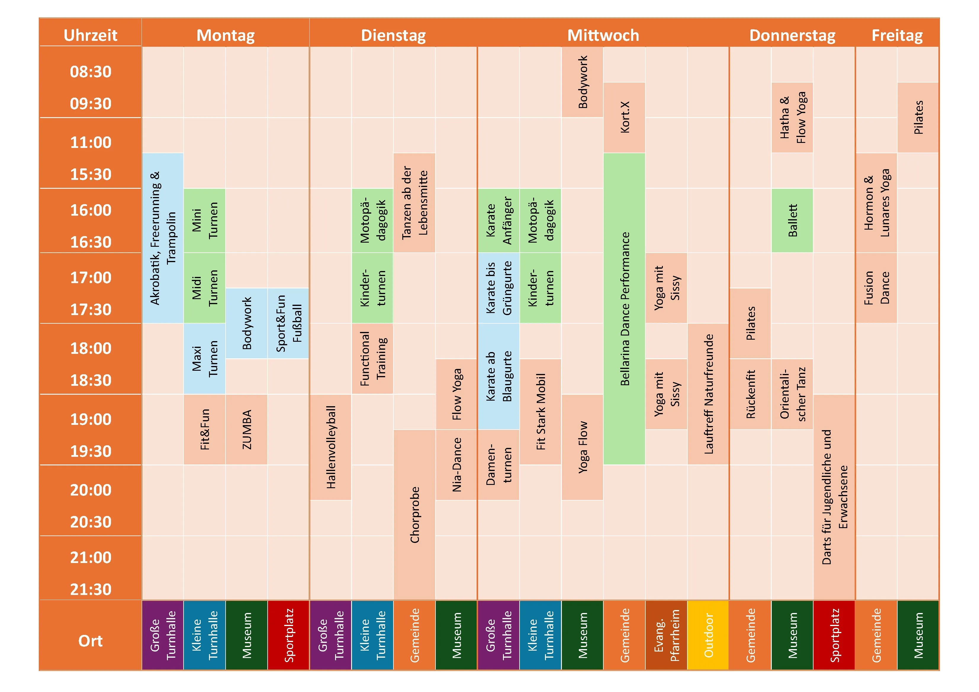 Ein Zeitplan, der verschiedene Aktivitäten von 08:30 bis 21:30 an verschiedenen Wochentagen anzeigt.