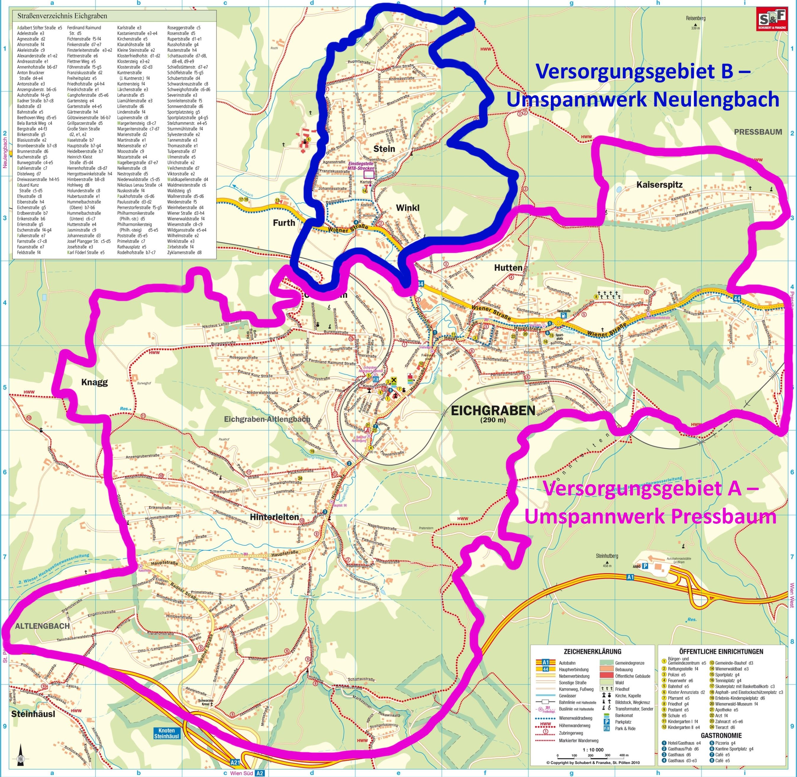Die Karte zeigt zwei Versorgungsgebiete, A und B, für die Umspannwerke Neulengbach und Pressbaum. Gebiet A ist pink und Gebiet B blau eingefärbt. Wichtige Orte und Landmarken sind beschriftet.