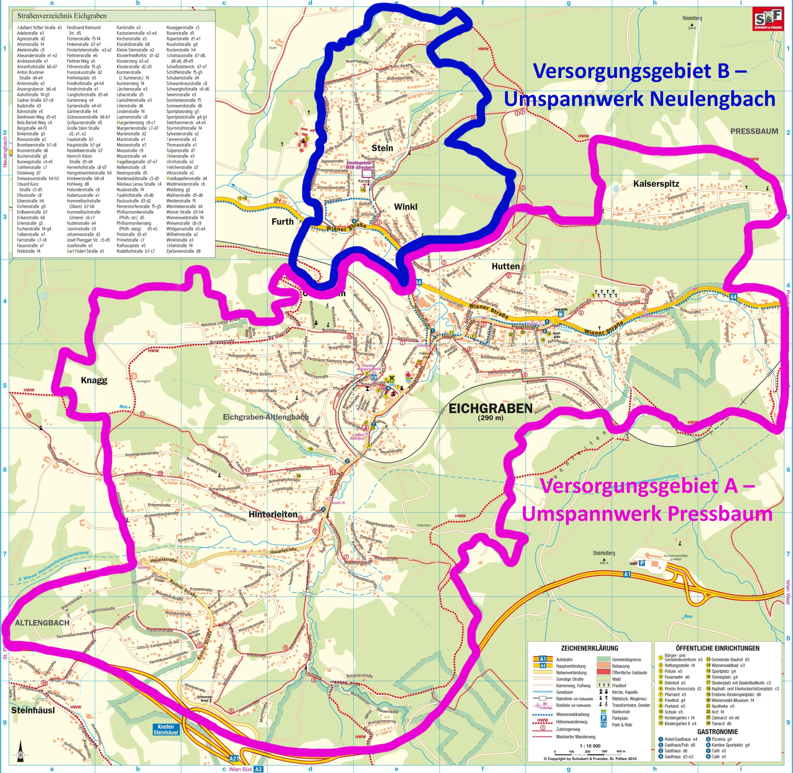 Die Karte zeigt zwei Versorgungsgebiete, A und B, für die Umspannwerke Neulengbach und Pressbaum. Gebiet A ist pink und Gebiet B blau eingefärbt. Wichtige Orte und Landmarken sind beschriftet.