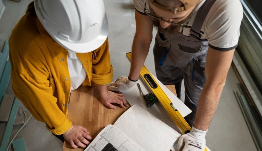Zwei Arbeiter untersuchen eine Blaupause auf einem Holztisch, einer hält ein Lot und der andere ein Werkzeug. Sie tragen beide Handschuhe und Schutzhelme.