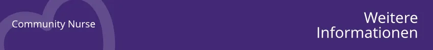 Das Bild zeigt einen violetten Hintergrund mit weißem Text. Links steht 'Community Nurse' und rechts 'Weiter Informationen'.