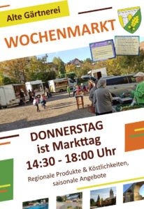 Ein Plakat für den Wochenmarkt im alten Garten mit Menschen beim Einkaufen, Trucks und einem Marktplan von 14:30 bis 18:00 Uhr donnerstags.