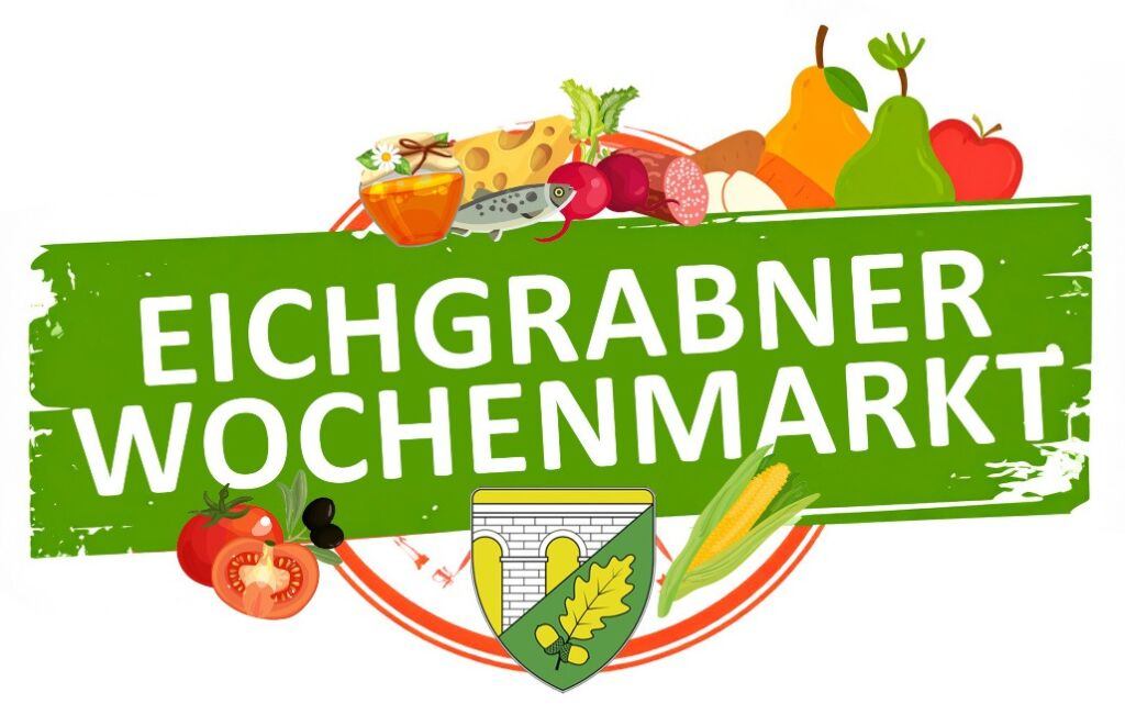 Wöchentlicher Markt-Banner mit verschiedenen Lebensmitteln, einschließlich Obst, Gemüse, Fisch und Käse, dargestellt in einem Kreis mit grünem Hintergrund.