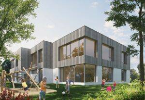 Ein modernes architektonisches Design eines großen Gebäudes mit vielen Fenstern, umgeben von üppiger Grünfläche und Kindern, die im Hof spielen.