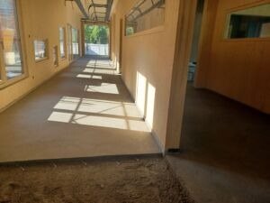 Ein leerer Flur mit beigefarbenen Wänden und einem Teppichboden. Sonnenlicht fällt durch Fenster und wirft Schatten auf den Boden. Der Flur hat mehrere Fenster und Türen.