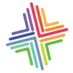 Ein weißer Kreis enthält ein farbenfrohes abstraktes Design mit sich kreuzenden Linien in mehreren Farben, die ein Muster bilden, das einem Kreuz oder einem Pluszeichen ähnelt.