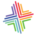 Ein weißer Kreis enthält ein farbenfrohes abstraktes Design mit sich kreuzenden Linien in mehreren Farben, die ein Muster bilden, das einem Kreuz oder einem Pluszeichen ähnelt.
