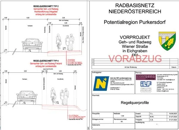 Eine technische Zeichnung zeigt zwei Arten von Straßenquerschnitten mit Maßangaben, Text auf Deutsch und einem Logo. Eine Projektübersicht enthält Projektdetails, ein Logo und ein Datum.