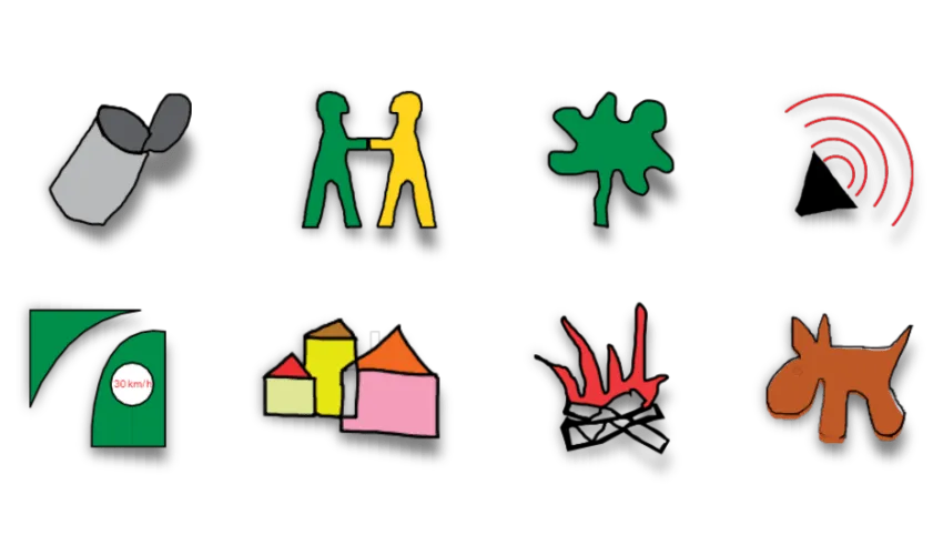 Neun verschiedene Symbole auf schwarzem Hintergrund: eine Blechdose, zwei Figuren, ein Baum, eine Welle, ein Feuer, ein Geschwindigkeitsschild, ein Haus und ein Pferd.