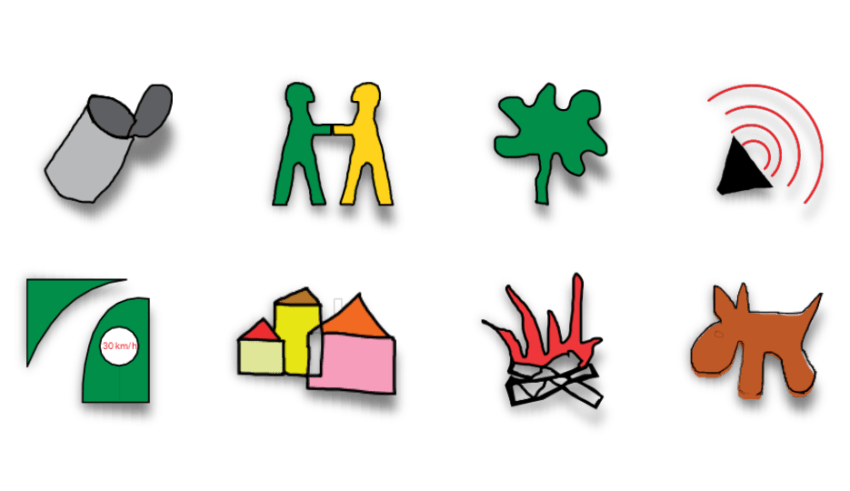 Neun verschiedene Symbole auf schwarzem Hintergrund: eine Blechdose, zwei Figuren, ein Baum, eine Welle, ein Feuer, ein Geschwindigkeitsschild, ein Haus und ein Pferd.