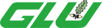 Das Bild zeigt das 'GLU'-Logo in Grün auf schwarzem Hintergrund, mit einem Blatt und einem kleinen, runden Objekt auf der rechten Seite des Buchstabens 'U'.