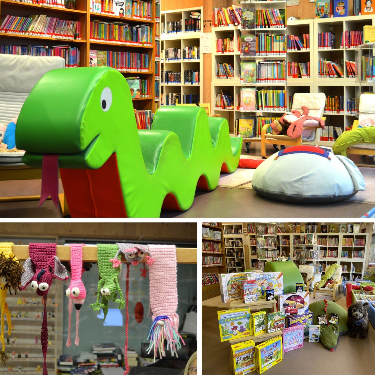 Eine Collage einer Kinderbibliothek zeigt einen grünen schlangenförmigen Stuhl, bunte Sitzsäcke und Regale voller Bücher. Ein weiteres Bild zeigt gehäkelte Tierschalen, die an einer Stange hängen. Das dritte Bild zeigt einen Tisch mit verschiedenen Büchern und Spielzeug.