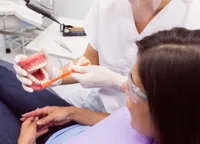 Eine Zahnhygienikerin reinigt ein Zahnmodell mit einer orangefarbenen Zahnbürste und demonstriert den Vorgang einem Patienten in einer Zahnarztpraxis.