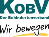 KOBV Logo mit grünen Buchstaben auf weißem Hintergrund, darunter der Text 'r Behindertenverband' und unten 'wir bewegen' in einer stilisierten Schrift.